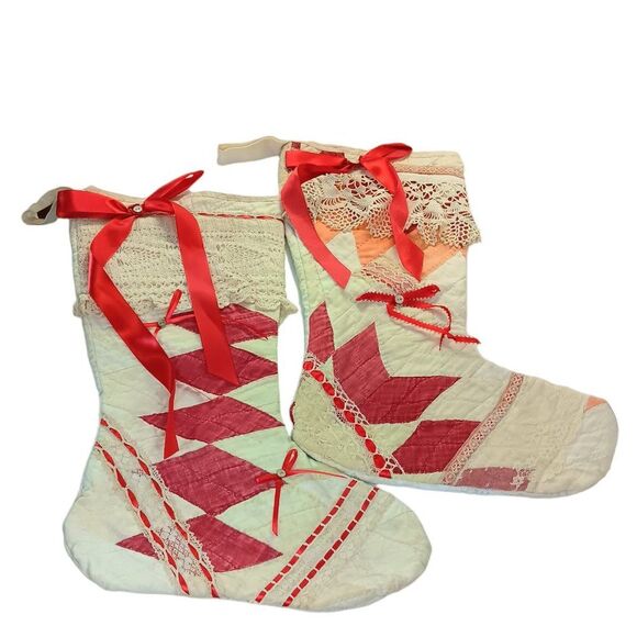 Christmas Stocking Set Vintage Quilt and Lace Two Red Cream Cottage Farmhouse - Picture 1 of 16